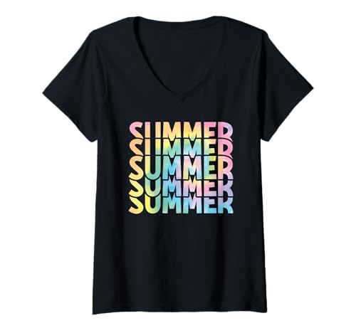 Damen Retro Aquarell Sommer Regenbogen Batikfärbung Ästhetisch 90er Jahre Strand T-Shirt mit V-Ausschnitt Damen Retro Aquarell Sommer Regenbogen Batikfärbung Ästhetisch 90er Jahre Strand T-Shirt mit V-Ausschnitt von Retro Beach Vibes Funny Vacation Party Trip Tees