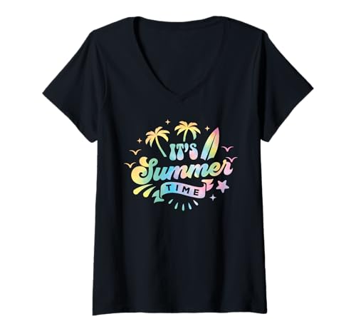 Damen Retro "It's Summer Time" Palme Surfboard Tie Dye Strand T-Shirt mit V-Ausschnitt Damen Retro "It's Summer Time" Palme Surfboard Tie Dye Strand T-Shirt mit V-Ausschnitt von Retro Beach Vibes Funny Vacation Party Trip Tees