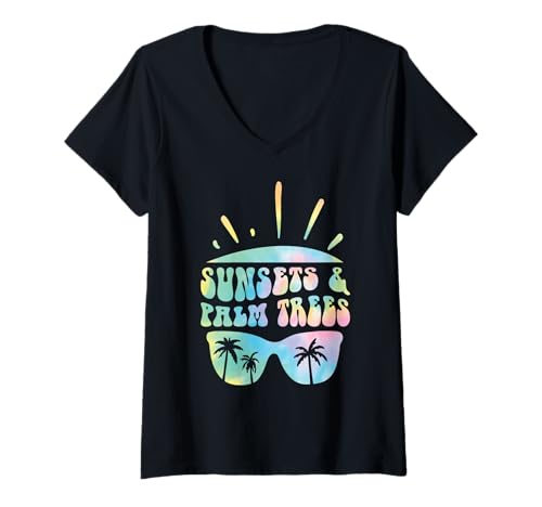 Damen Retro Sonnenuntergänge und Palmen Brille Sommer Strand Groovy 90er Jahre T-Shirt mit V-Ausschnitt Damen Retro Sonnenuntergänge und Palmen Brille Sommer Strand Groovy 90er Jahre T-Shirt mit V-Ausschnitt von Retro Beach Vibes Funny Vacation Party Trip Tees