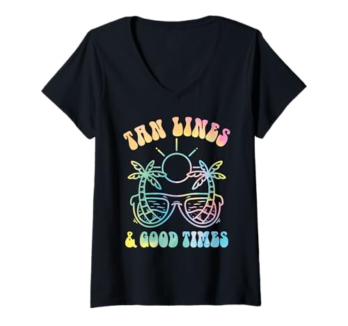 Damen Retro Tan Lines Sonnenbrille Palme Sonne Tropical Beach Vibe T-Shirt mit V-Ausschnitt Damen Retro Tan Lines Sonnenbrille Palme Sonne Tropical Beach Vibe T-Shirt mit V-Ausschnitt von Retro Beach Vibes Funny Vacation Party Trip Tees