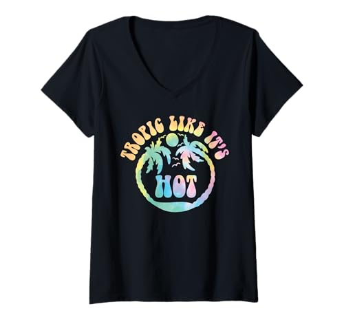 Damen Retro Tropic wie es heiß ist Palm Tree Sunset Vacation Beach T-Shirt mit V-Ausschnitt Damen Retro Tropic wie es heiß ist Palm Tree Sunset Vacation Beach T-Shirt mit V-Ausschnitt von Retro Beach Vibes Funny Vacation Party Trip Tees