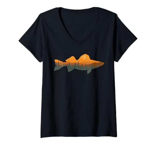 Damen Zander Angeln im Wald Natur und Wildleben für Angler T-Shirt mit V-Ausschnitt von Retro Berg und Waldmotiv Natur and Wildleben