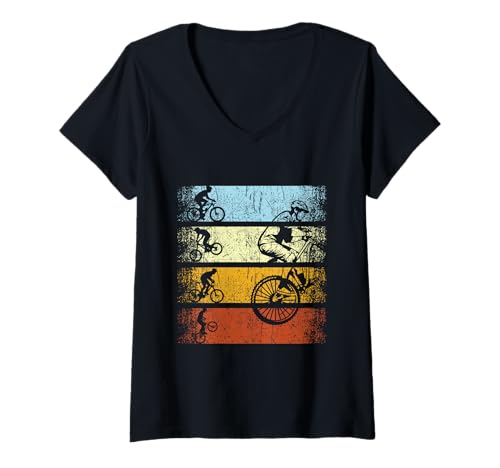 Damen Retro Vintage Mountainbiker Radfahrer GMX Stunts Fahrrad T-Shirt mit V-Ausschnitt von Retro Bicycle MTB Mountainbike Downhill Biker