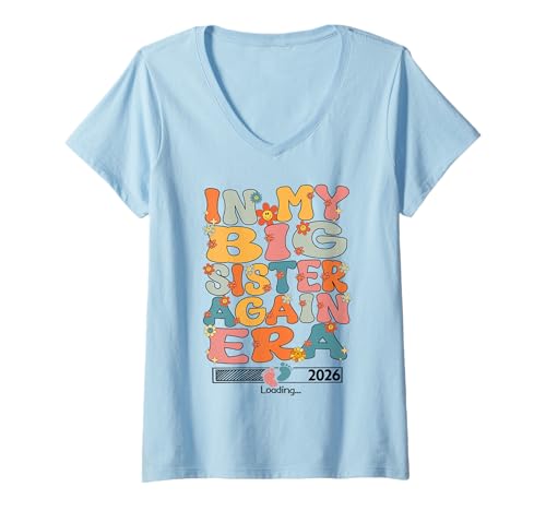 Damen In My Big Sister Again Era Groovy Big Sister Again 2026 Süß T-Shirt mit V-Ausschnitt von Retro Big Sister Again Sibling Reveal Announcement