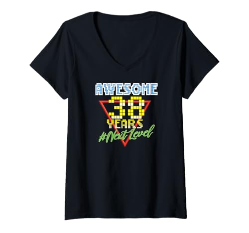 Damen Awesome 38 Years 38 Jahre Retro Gaming NextLevel Design T-Shirt mit V-Ausschnitt von Retro Birthday Gaming Party Gift for Birthday