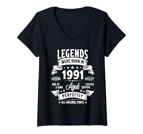 Damen Vintage 1991 34 Jahre alte Geschenke für Männer Frauen 34. Geburtstag T-Shirt mit V-Ausschnitt von Retro Birthday Gifts Co.
