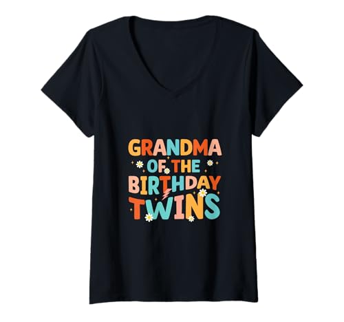 Damen Grandma of The Birthday Twins Groovy Retro Family B-Day T-Shirt mit V-Ausschnitt Damen Grandma of The Birthday Twins Groovy Retro Family B-Day T-Shirt mit V-Ausschnitt von Retro Birthday Twins Matching Family Design