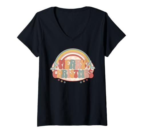 Damen Süße pastellfarbene Groovy Weihnachten Typografie Boho Xmas T-Shirt mit V-Ausschnitt Damen Süße pastellfarbene Groovy Weihnachten Typografie Boho Xmas T-Shirt mit V-Ausschnitt von Retro Boho Christmas Groovy XMAS Festive Design