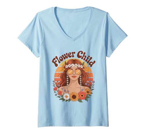 Damen Boho Style Flower Child 70s Design T-Shirt mit V-Ausschnitt Damen Boho Style Flower Child 70s Design T-Shirt mit V-Ausschnitt von Retro Boho Flower Designs