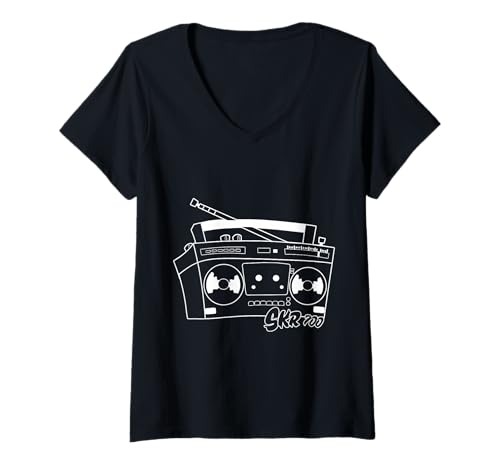 Damen DDR Kassettenrecorder SKR Recorder 700 DDR-Radio Ostalgie T-Shirt mit V-Ausschnitt von Retro Boombox Stereo Kassette Geschenk zum 50.