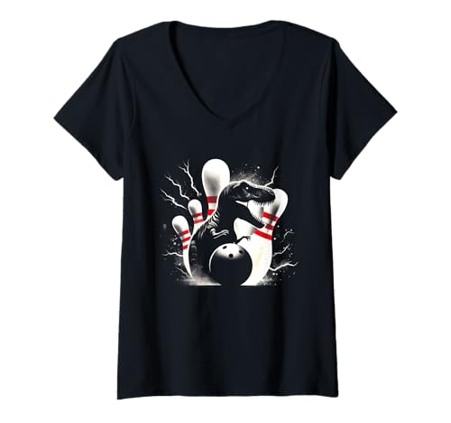 Damen T-Rex Bowling-Pins – Vintage Dinosaurier Bowling-Liebhaber T-Shirt mit V-Ausschnitt von Retro Bowling Apparel Gifts