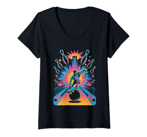 Damen Futuristic Bowling Action with Explosion Visual T-Shirt mit V-Ausschnitt von Retro Bowling Art Style for Cool Sports Fans