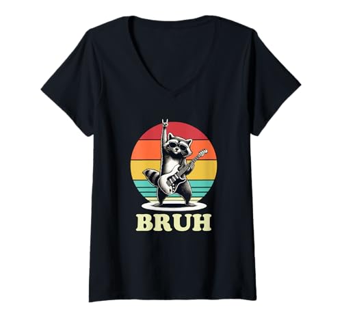 Damen Retro Raccoon Gitarre Bruh lustig T-Shirt mit V-Ausschnitt Damen Retro Raccoon Gitarre Bruh lustig T-Shirt mit V-Ausschnitt von Retro Bruh Raccoon -Kleidung