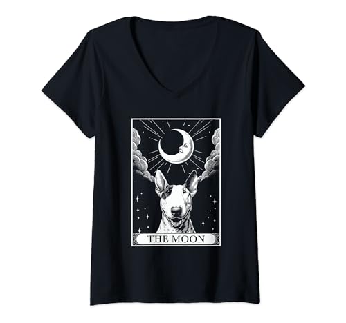 Damen Tarotkarte Vintage Halbmond Bullterrier Bully Dog Mama T-Shirt mit V-Ausschnitt von Retro Bull Terrier Dog Lover The Moon Halloween