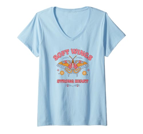 Damen Weiche Flügel Starkes Herz Boho Floral Schmetterling T-Shirt mit V-Ausschnitt Damen Weiche Flügel Starkes Herz Boho Floral Schmetterling T-Shirt mit V-Ausschnitt von Retro Butterfly Boho Floral Positive Quote Tees