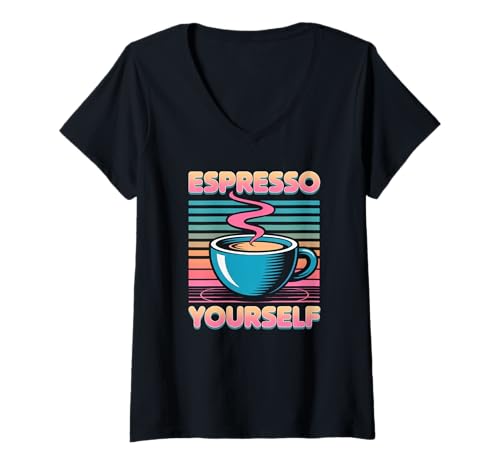 Damen Humorvoller Spruch Espresso Yourself Kaffee Wortspiel Damen Herren T-Shirt mit V-Ausschnitt von Retro Cafe Vibe Latte Barista Lover Husband Wife
