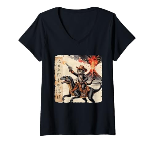 Damen Retro Kalligraphie Katze Dinosaurier Vulkanausbruch Japan Kunst T-Shirt mit V-Ausschnitt Damen Retro Kalligraphie Katze Dinosaurier Vulkanausbruch Japan Kunst T-Shirt mit V-Ausschnitt von Retro Calligraphy Cat Dinosaur Volcanic Eruption