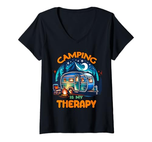 Damen Camping ist Meine Therapie T-Shirt mit V-Ausschnitt von Retro Camping Is My Therapy