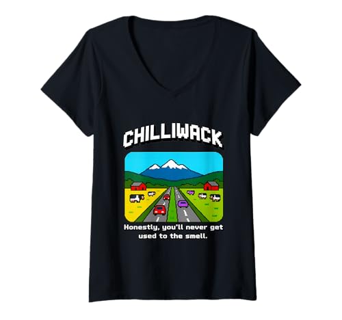 Damen Chilliwack BC Pixel Art Lustiges T-Shirt mit Farmgeruch T-Shirt mit V-Ausschnitt Damen Chilliwack BC Pixel Art Lustiges T-Shirt mit Farmgeruch T-Shirt mit V-Ausschnitt von Retro Canada City Humor Chilliwack Farm Apparel