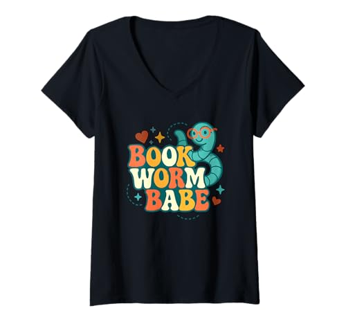 Damen Buch Wurm Babe Cute Reader Back to School Love Vintage T-Shirt mit V-Ausschnitt Damen Buch Wurm Babe Cute Reader Back to School Love Vintage T-Shirt mit V-Ausschnitt von Retro Cartoon Book Lover Bookworm Design