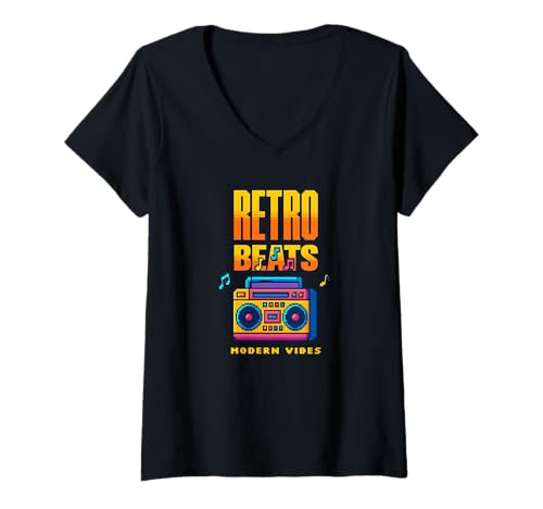Damen Retro Beats Modern Vibes Musikästhetik T-Shirt mit V-Ausschnitt von Retro Cassette Player Music Vintage Stereo Songs