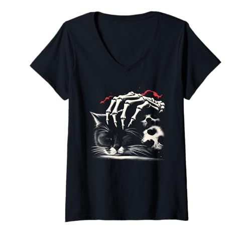 Damen Skelett Hand schwarze Katze – Vintage Gruselige Katze Kätzchenliebhaber T-Shirt mit V-Ausschnitt Damen Skelett Hand schwarze Katze – Vintage Gruselige Katze Kätzchenliebhaber T-Shirt mit V-Ausschnitt von Retro Cat Apparel Gifts