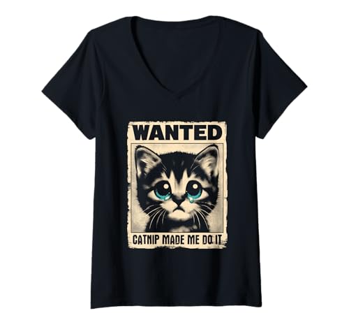 Damen Wanted Kitten Katzenminze Made Me Do It - Lustiger Katzenliebhaber T-Shirt mit V-Ausschnitt Damen Wanted Kitten Katzenminze Made Me Do It - Lustiger Katzenliebhaber T-Shirt mit V-Ausschnitt von Retro Cat Apparel Gifts