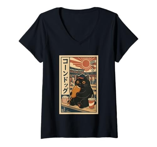 Damen Baseball-Stadion-Design, Vintage-Stil, Schwarz T-Shirt mit V-Ausschnitt Damen Baseball-Stadion-Design, Vintage-Stil, Schwarz T-Shirt mit V-Ausschnitt von Retro Cat Art Co
