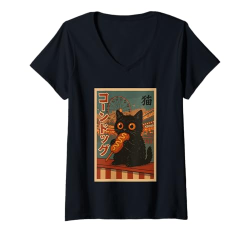 Damen Vintage Black Cat Fair Poster mit Corn Dog T-Shirt mit V-Ausschnitt Damen Vintage Black Cat Fair Poster mit Corn Dog T-Shirt mit V-Ausschnitt von Retro Cat Fair Art