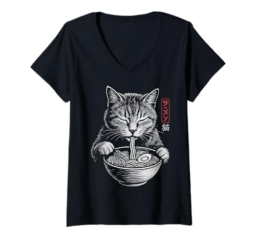 Damen Katze Ramen Vintage Japanisch Lustig Retro Kunst Anime Ästhetik T-Shirt mit V-Ausschnitt von Retro Cat Ramen Funny Vintage Japanese Aesthetic