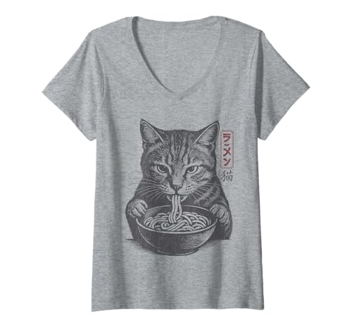 Damen Katze Ramen Vintage Japanisch Lustig Retro Kunst Anime Ästhetik T-Shirt mit V-Ausschnitt von Retro Cat Ramen Funny Vintage Japanese Aesthetic