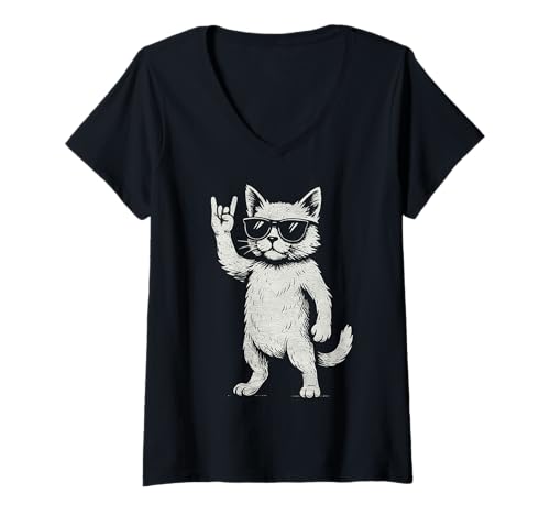 Damen Retro Katze Rock Musik Lustige Katzen Liebhaber Männer Frauen Kinder Vintage T-Shirt mit V-Ausschnitt von Retro Cat Rock Music Funny Cats lover Vintage Cool