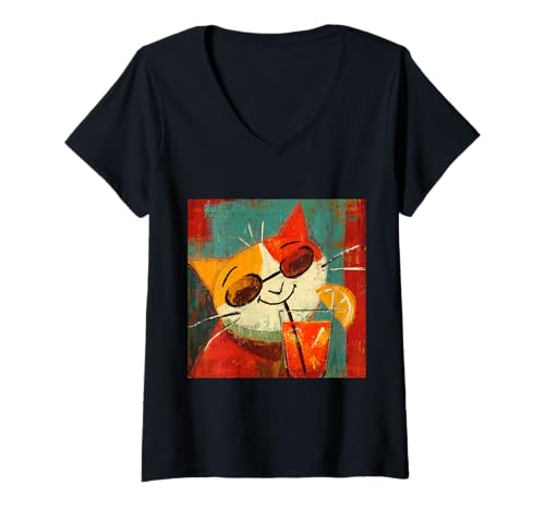 Damen Katze trinkt Orangengetränk auf Coole Weise T-Shirt mit V-Ausschnitt von Retro Cat Vintage theme