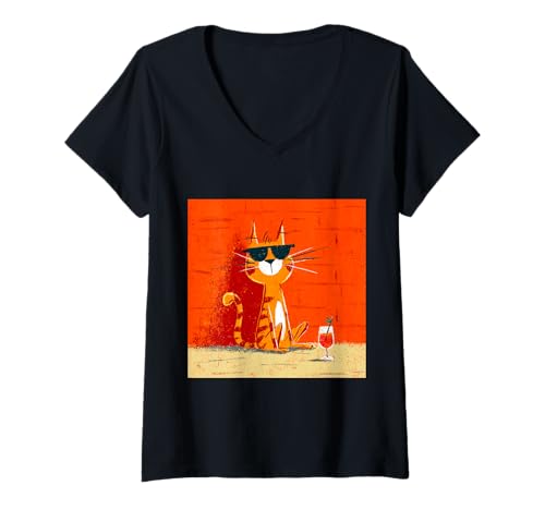 Damen Katze trinkt Orangengetränk auf Coole Weise T-Shirt mit V-Ausschnitt von Retro Cat Vintage theme