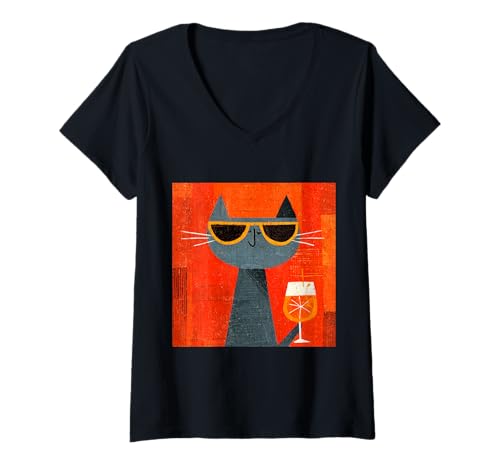 Damen Katze trinkt Orangengetränk auf Coole Weise T-Shirt mit V-Ausschnitt von Retro Cat Vintage theme