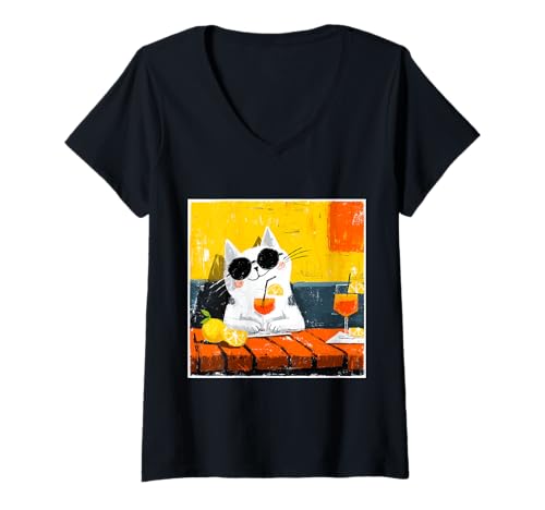 Damen Katze trinkt Orangengetränk auf Coole Weise T-Shirt mit V-Ausschnitt von Retro Cat Vintage theme