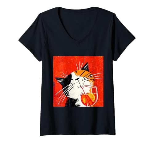 Damen Katze trinkt Orangengetränk auf Coole Weise T-Shirt mit V-Ausschnitt Damen Katze trinkt Orangengetränk auf Coole Weise T-Shirt mit V-Ausschnitt von Retro Cat Vintage theme