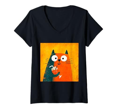 Damen Katze trinkt Orangengetränk auf Coole Weise T-Shirt mit V-Ausschnitt Damen Katze trinkt Orangengetränk auf Coole Weise T-Shirt mit V-Ausschnitt von Retro Cat Vintage theme