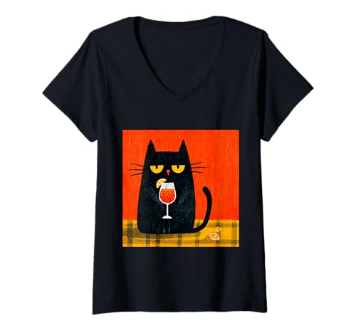 Damen Katze trinkt Orangengetränk auf Coole Weise T-Shirt mit V-Ausschnitt Damen Katze trinkt Orangengetränk auf Coole Weise T-Shirt mit V-Ausschnitt von Retro Cat Vintage theme