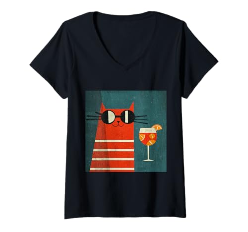 Damen Katze trinkt Orangengetränk auf Coole Weise T-Shirt mit V-Ausschnitt Damen Katze trinkt Orangengetränk auf Coole Weise T-Shirt mit V-Ausschnitt von Retro Cat Vintage theme