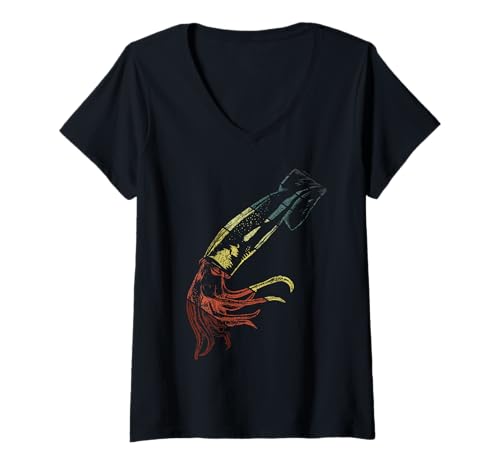 Damen Tintenfisch Vintage Ozean Biologe Tinte Fisch Calamaris Sepia Geschenk T-Shirt mit V-Ausschnitt Damen Tintenfisch Vintage Ozean Biologe Tinte Fisch Calamaris Sepia Geschenk T-Shirt mit V-Ausschnitt von Retro Cephalopods and Deep Sea Ocean Lover Merch
