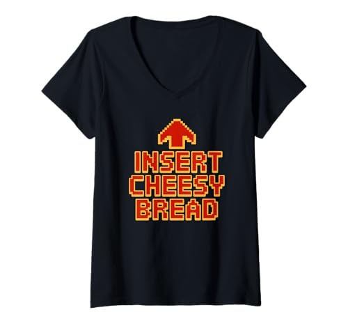 Damen Fügen Sie Cheesy Bread Retro Bold Blocky Funny Gaming Meme EIN T-Shirt mit V-Ausschnitt von Retro Cheese Lover Humor Humor Arrow Tee Co.