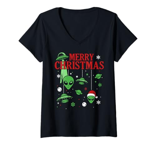 Damen Frohe Weihnachten Lustiges Alien UFO Sci Fi Xmas T-Shirt mit V-Ausschnitt Damen Frohe Weihnachten Lustiges Alien UFO Sci Fi Xmas T-Shirt mit V-Ausschnitt von Retro Christmas Alien Science XMAS Outerspace
