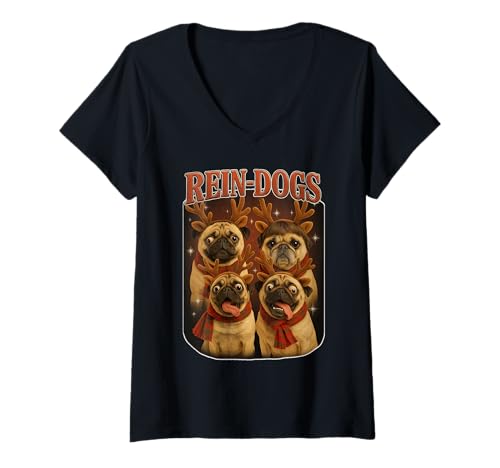 Damen Rein-Dogs Y2K Weihnachtsstiefelbein, niedlicher Mops T-Shirt mit V-Ausschnitt Damen Rein-Dogs Y2K Weihnachtsstiefelbein, niedlicher Mops T-Shirt mit V-Ausschnitt von Retro Christmas Pugs Bootleg Lowrider Aesthetics
