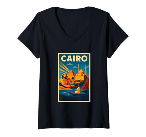 Damen Vintage Kairo Ägypten Reiseposter Retro Art Deco T-Shirt mit V-Ausschnitt Damen Vintage Kairo Ägypten Reiseposter Retro Art Deco T-Shirt mit V-Ausschnitt von Retro Cities Apparel