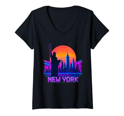 Damen New-York-Vaporwave-Grafik im Retro-Stil bei Sonnenuntergang T-Shirt mit V-Ausschnitt von Retro City Apparel Co.