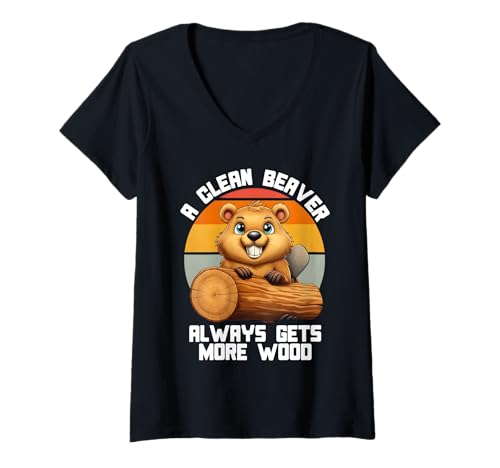Damen A Clean Beaver Always Gets More Wood Lustiger Humor Retro T-Shirt mit V-Ausschnitt Damen A Clean Beaver Always Gets More Wood Lustiger Humor Retro T-Shirt mit V-Ausschnitt von Retro Clean Beaver Gets More Wood Funny Humor Gift