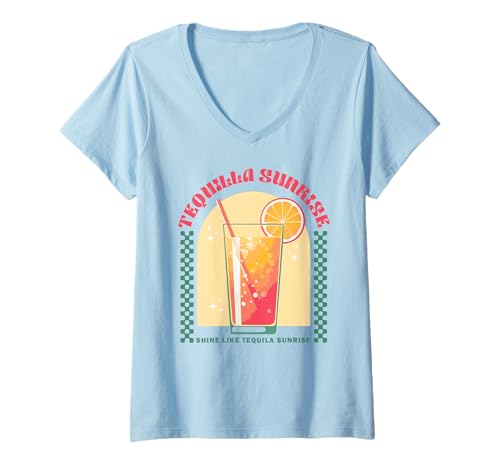 Damen Retro-Tequila-Cocktailhemd bei Sonnenaufgang, Citrus Slice, Vintage-Stil T-Shirt mit V-Ausschnitt Damen Retro-Tequila-Cocktailhemd bei Sonnenaufgang, Citrus Slice, Vintage-Stil T-Shirt mit V-Ausschnitt von Retro Cocktail Aesthetic Funny Summer Drink Tees