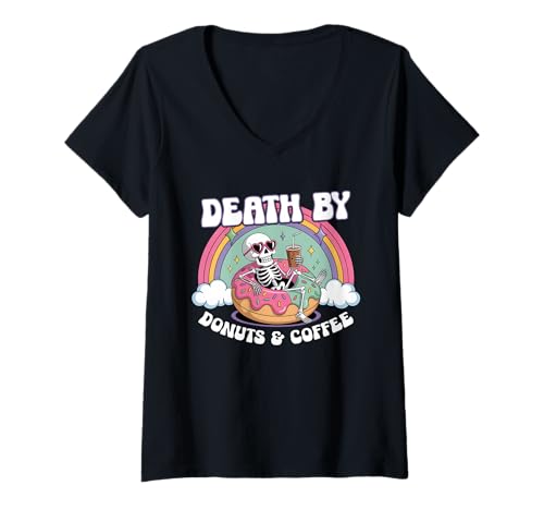Damen Death by Donuts and Coffee Skelett Regenbogen Halloween Kunst T-Shirt mit V-Ausschnitt Damen Death by Donuts and Coffee Skelett Regenbogen Halloween Kunst T-Shirt mit V-Ausschnitt von Retro Coffee Donut Lovers Cartoon Skeleton Vibes