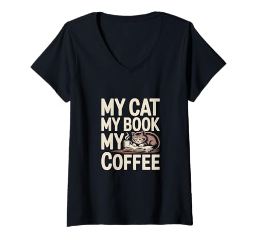 Damen Ich Liebe Meine Katze Mein Buch Mein Kaffee Lustiger Katzenbesitzer-Bücherliebhaber T-Shirt mit V-Ausschnitt Damen Ich Liebe Meine Katze Mein Buch Mein Kaffee Lustiger Katzenbesitzer-Bücherliebhaber T-Shirt mit V-Ausschnitt von Retro Coffee Love My Cat My Book My Coffee Shirt